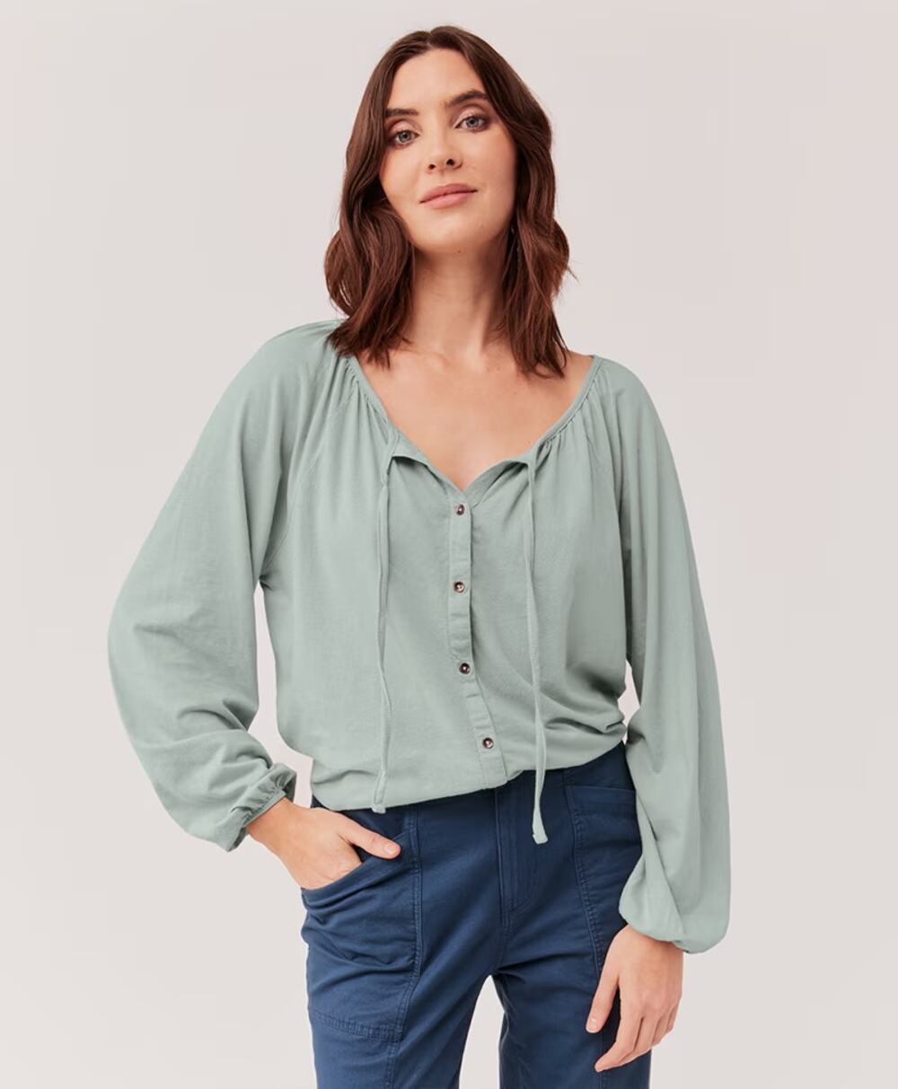 Pact The Portside Poet Organic Cotton Linen Long Sleeve Blouse Top Mini Green S